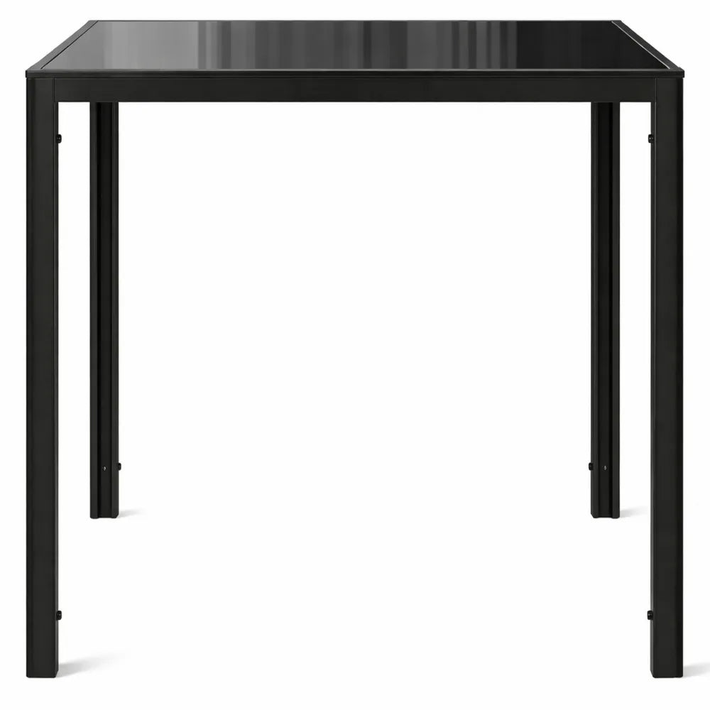 Table carrée moderne pour salle à manger, verre trempé, pieds en métal, noir