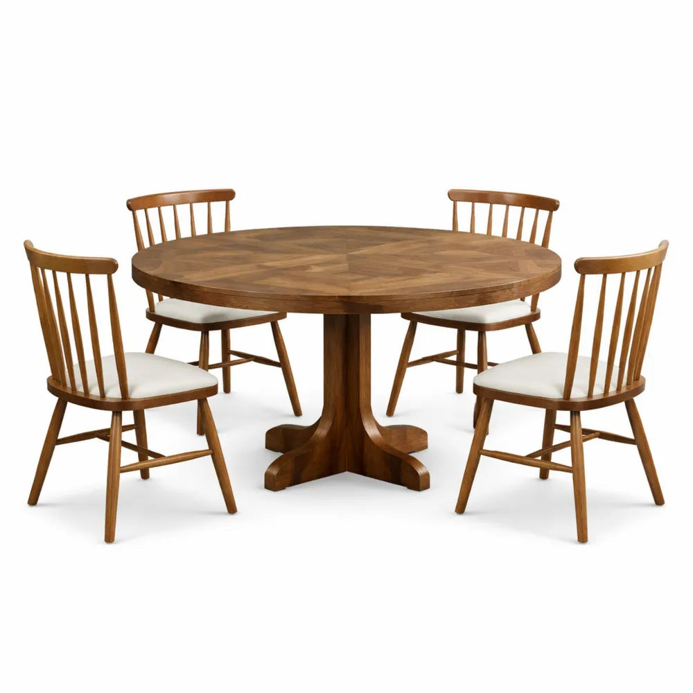 Table à manger ronde 4 places, 120 cm, design rustique, pieds croisés, moderne, or